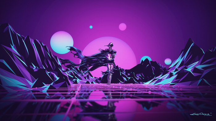 Retro style abstract low poly landscape with a figure
