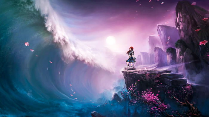 Erza Scarlet from Fairy Tail on a cliff overlooking waves