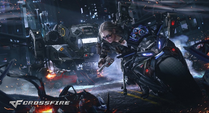 Woman on motorcycle with robot in CrossFire