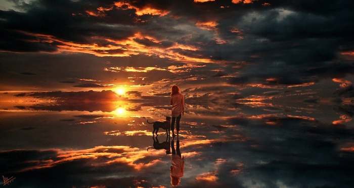 sunset, Abrar Khan, concept art, clouds, sky, digital art, Photoshop, illustration, fan art, fantasy art, dog, reflection, women