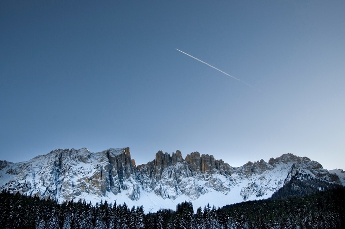 Snowy mountains with pine trees and a contrail in the sky