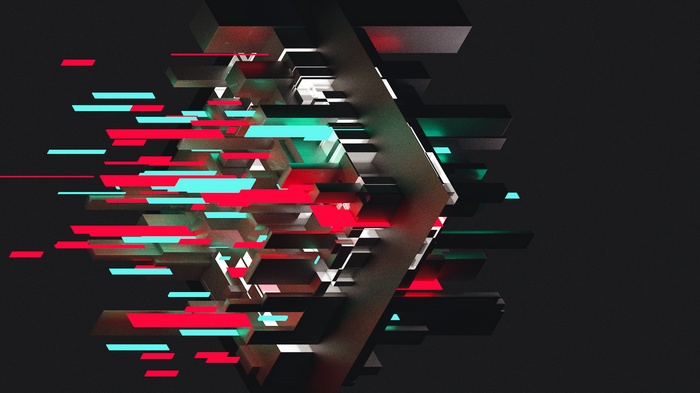 Abstract 3D geometric shapes with red and cyan glitch effects