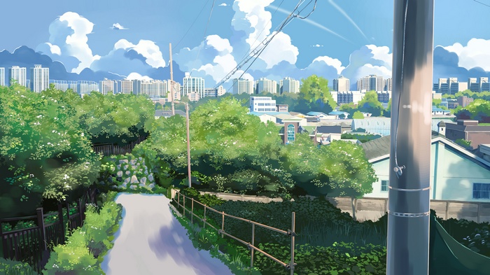 Anime illustration of a suburban cityscape with trees and clouds