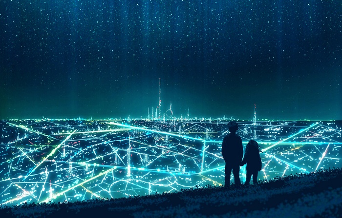 Two children silhouetted against a futuristic neon city at night
