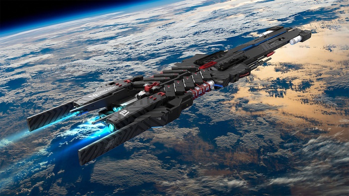 Spaceship in orbit above Earth
