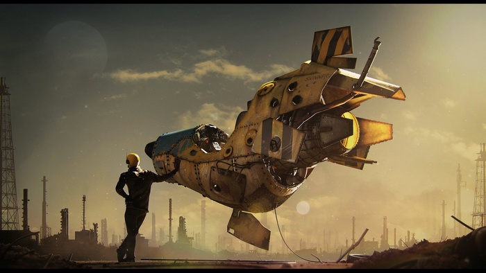 Man with a yellow helmet leaning on a yellow spaceship in a desolate industrial landscape