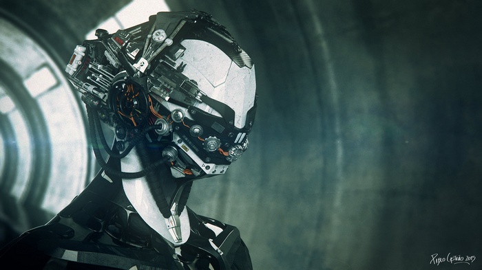 Robot head with intricate mechanical details