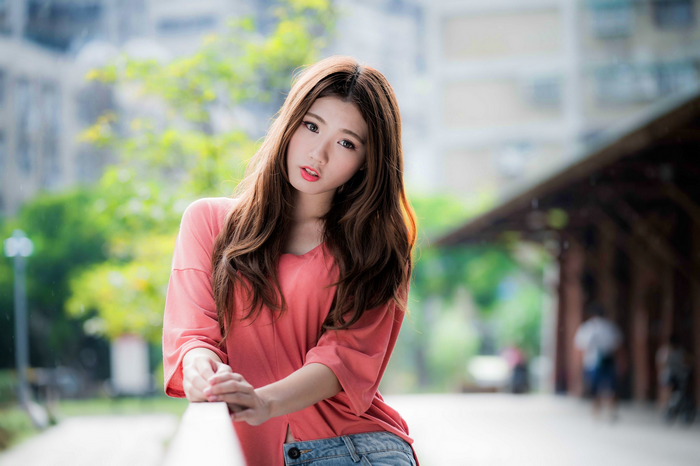 Heroin Look, jeans, pink, sensual gaze, Asian, brunette, pink dress, women