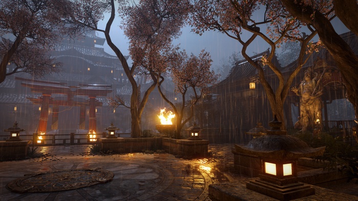 For Honor courtyard with torii gate and statue