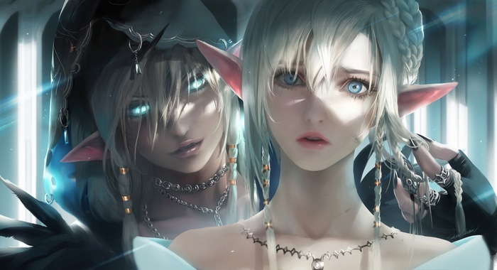 Two elven women with white hair and blue eyes