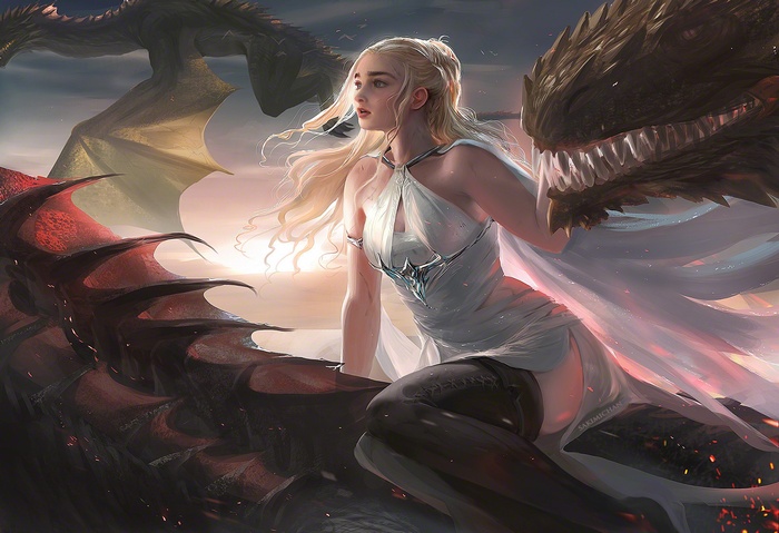 dress, A Song of Ice and Fire, blonde, digital art, Sakimichan, thighs, blue eyes, Game of Thrones, cleavage, thigh-highs, dragon, white hair, women, tv series, artwork, fantasy art, Daenerys Targaryen