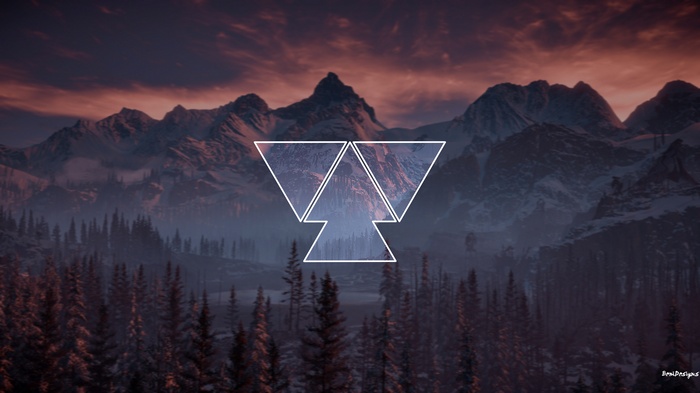Geometric symbol over snowy mountains and forest