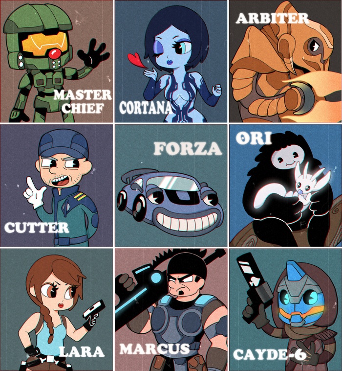 Characters from Halo, Forza, Ori, Tomb Raider, and Gears of War