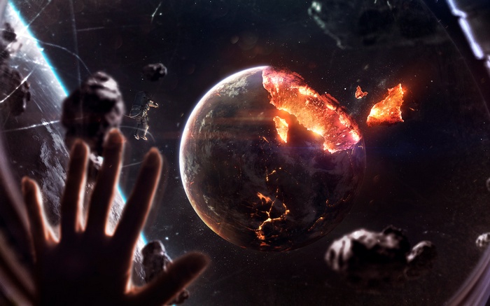 Apocalyptic planet exploding in space with astronaut
