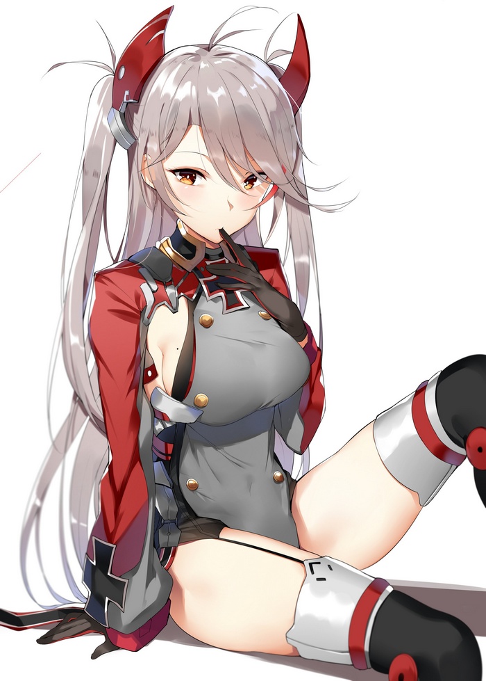 uniform, Prinz Eugen (Azur Lane), thigh-highs, white  background, stockings, Azur Lane