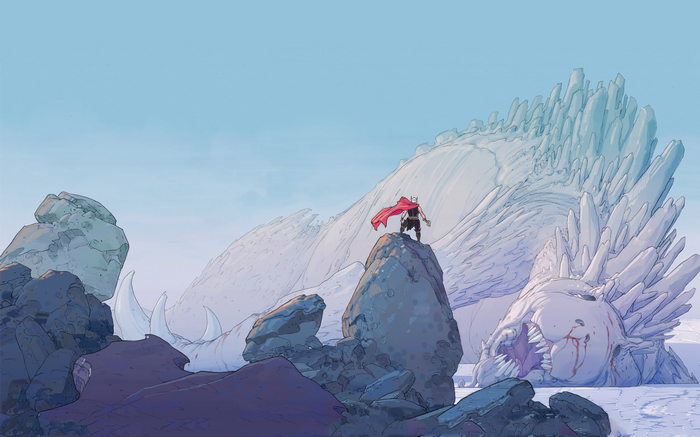 Thor standing on a rock with a giant ice dragon