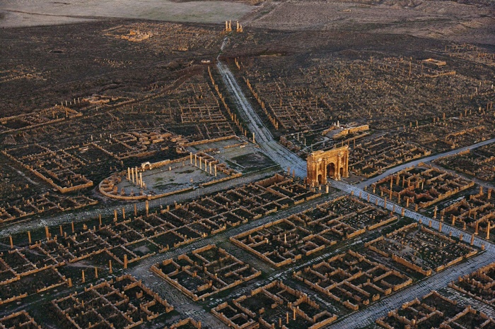Aerial view of ancient Roman ruins in Timgad, Algeria
