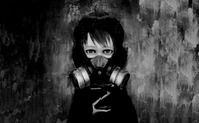 Anime girl wearing a gas mask in black and white