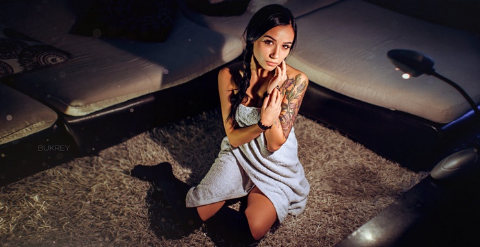 face, black hair, tattoo, sitting, long hair, braids, hand on face, brunette, no bra, women, brown eyes, on the floor, tanned, towel, Kirill Bukrey, knee-highs
