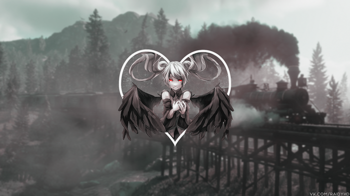 Anime girl with black wings and red eyes