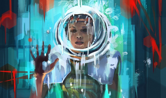 Woman in a diving helmet reaching out