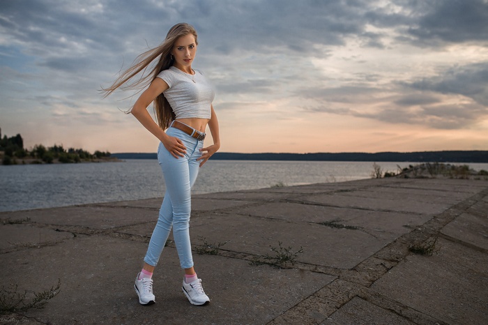 Blonde Lake Windy Straight Hair Sneakers Belly Legs Crossed