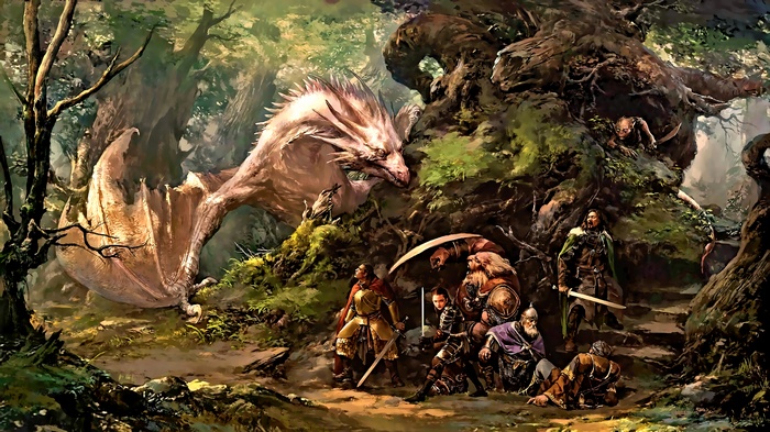 Dragon and adventurers in a forest