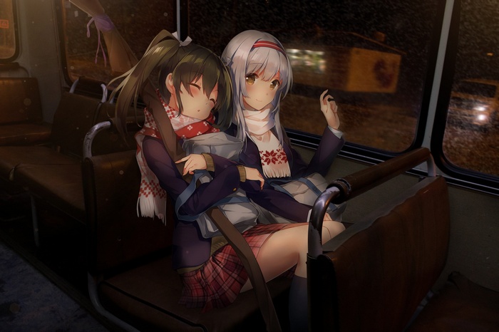 Two anime schoolgirls on a bus at night