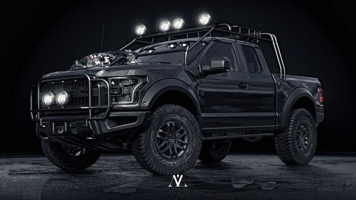 Black Ford Raptor 4x4 truck with roof rack
