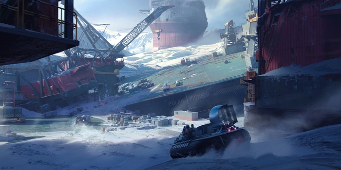 Polar Pioneer ship wreck in a snowy landscape