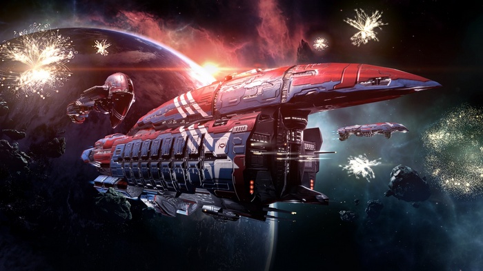 Spaceships in EVE Online with fireworks