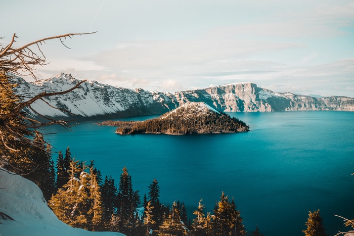 Crater Lake National Park Landscape with Snow-Capped Mountains