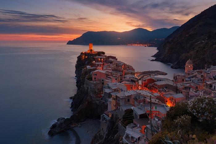 Vernazza, Italy at sunset overlooking the sea