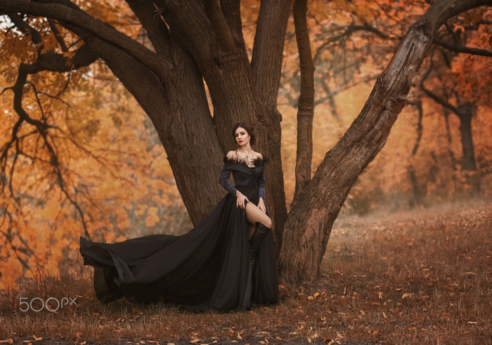 Woman in black dress in fall forest