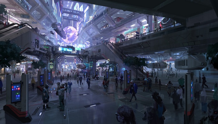 Futuristic city mall with people and flying vehicles
