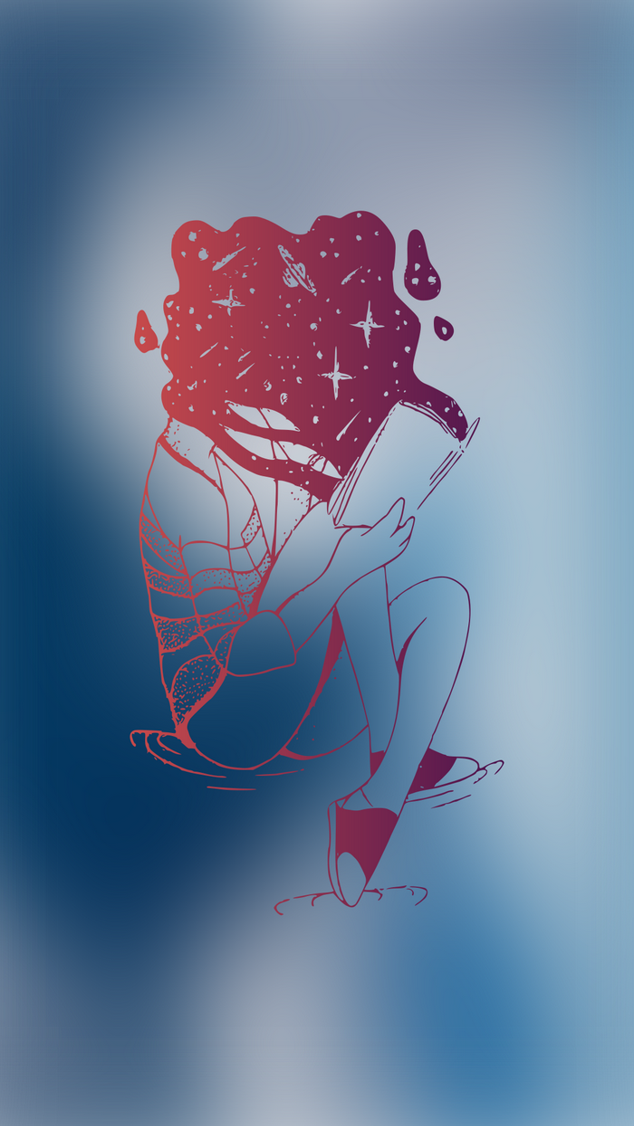 Girl with galaxy head reading a book