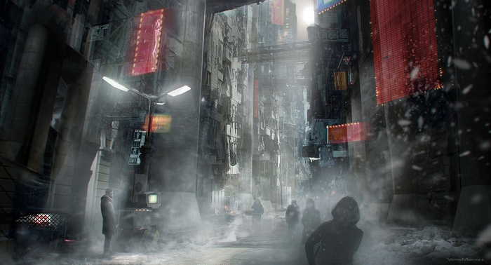 Futuristic city street with people in smoke and snow