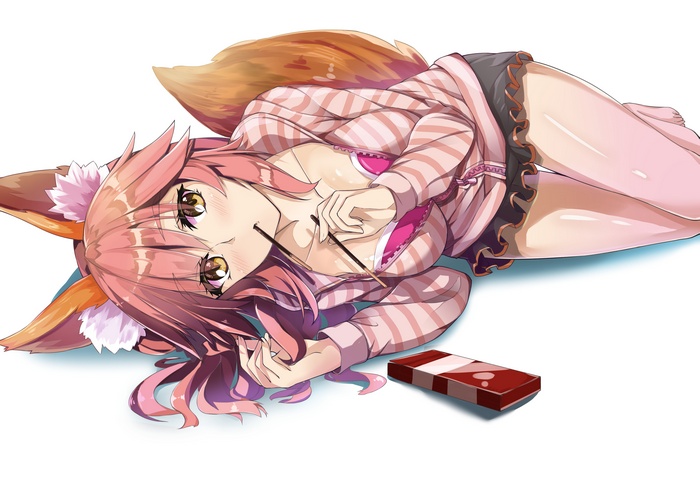 Tamamo no Mae from Fate/Extra eating Pocky