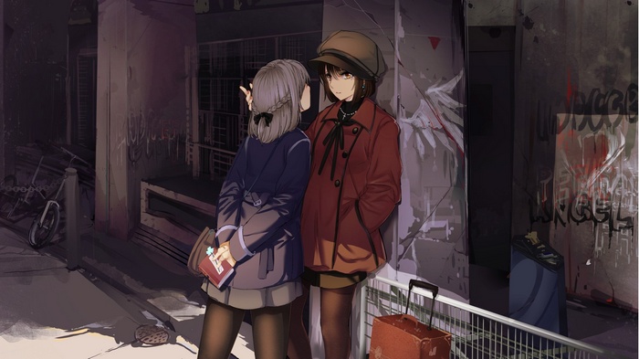 Two anime girls in coats on a graffiti-covered street
