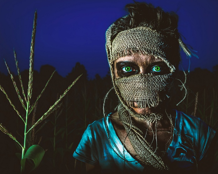 Scarecrow with green eyes in a cornfield