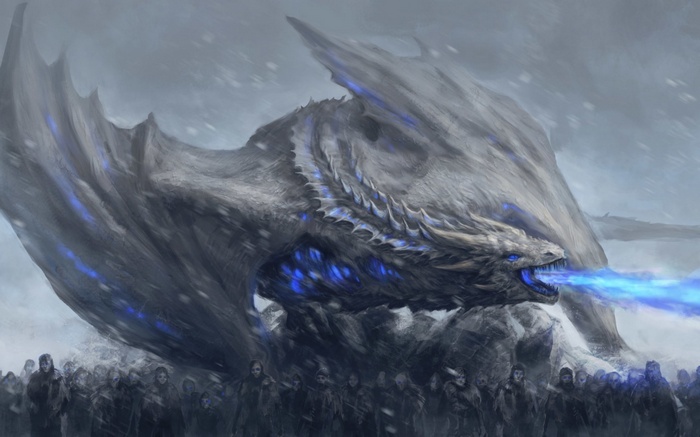 fantasy art, fire, zombies, White Walker, Game of Thrones, blue flames, artwork, dragon