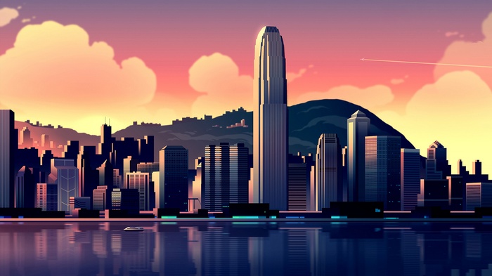 Hong Kong skyline at sunset with mountains and clouds