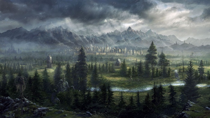 Fantasy landscape with city and mountains in rain