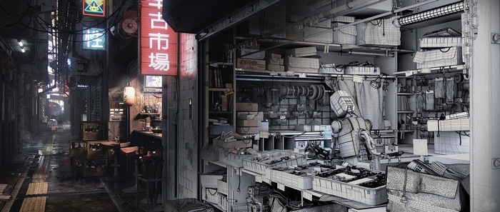 Cyberpunk alley market with robot and neon signs
