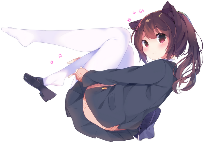 school uniform, neko loli, backpacks, Nylons, animal ears, thigh-highs, white background