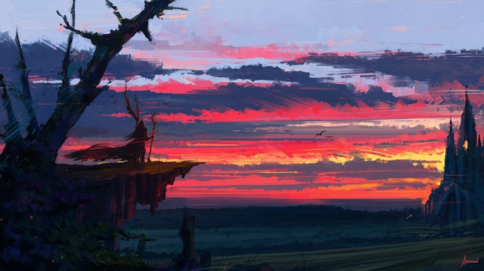 Fantasy landscape with figure and castle at sunset