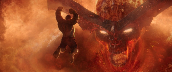 Hulk from Marvel Cinematic Universe fighting Surtur