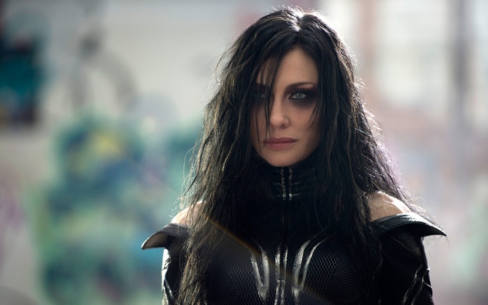 Cate Blanchett, Marvel Cinematic Universe, smoky eyes, Marvel Comics, Thor, dark hair, women, actress, blue eyes, Hela , Thor : Ragnarok, hair in face
