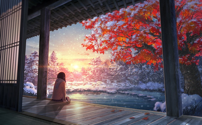 Anime girl sitting on a porch in winter