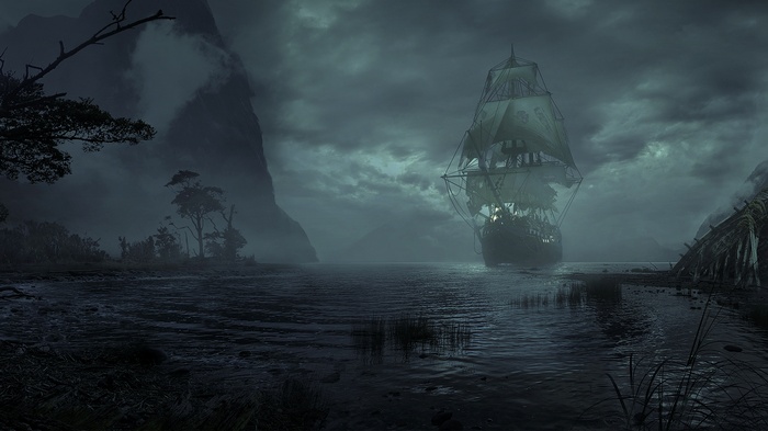 Sailing ship on a dark sea at night